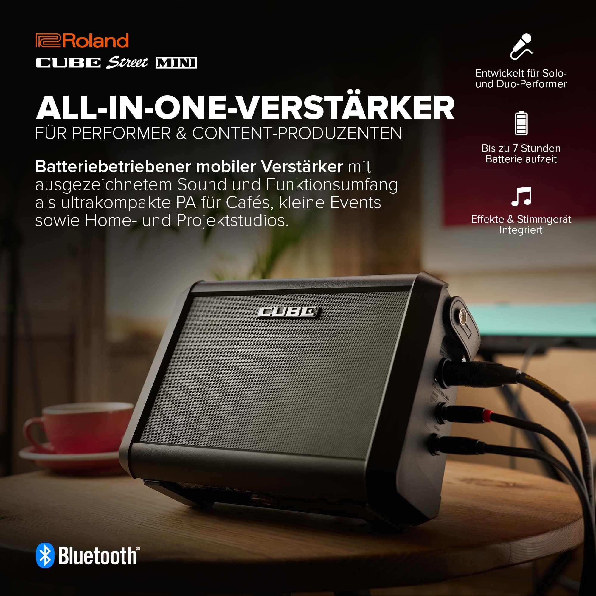 Roland Cube Street Mini | Ultrakompakter Verstärker | Hervorragender Sound | Ideal für kleine Events | Anschluss von Mikrofonen, Instrumenten & mehr | Bis zu 7 Stunden Batterielaufzeit