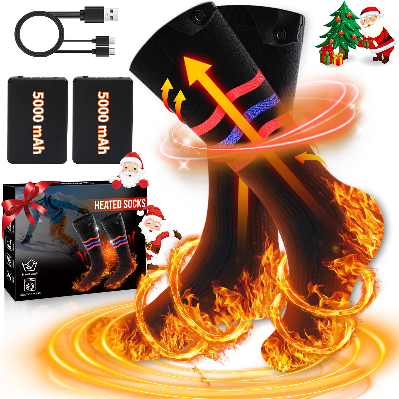 Multper Calze Riscaldate a Batteria per Uomo e Donna, 2×5000mAh Calze Termiche Ricaricabili, 3 Livelli di Calore, Calzini Termici Lavabili, Scaldapiedi Elettrico per Sport, Sci, Campeggio