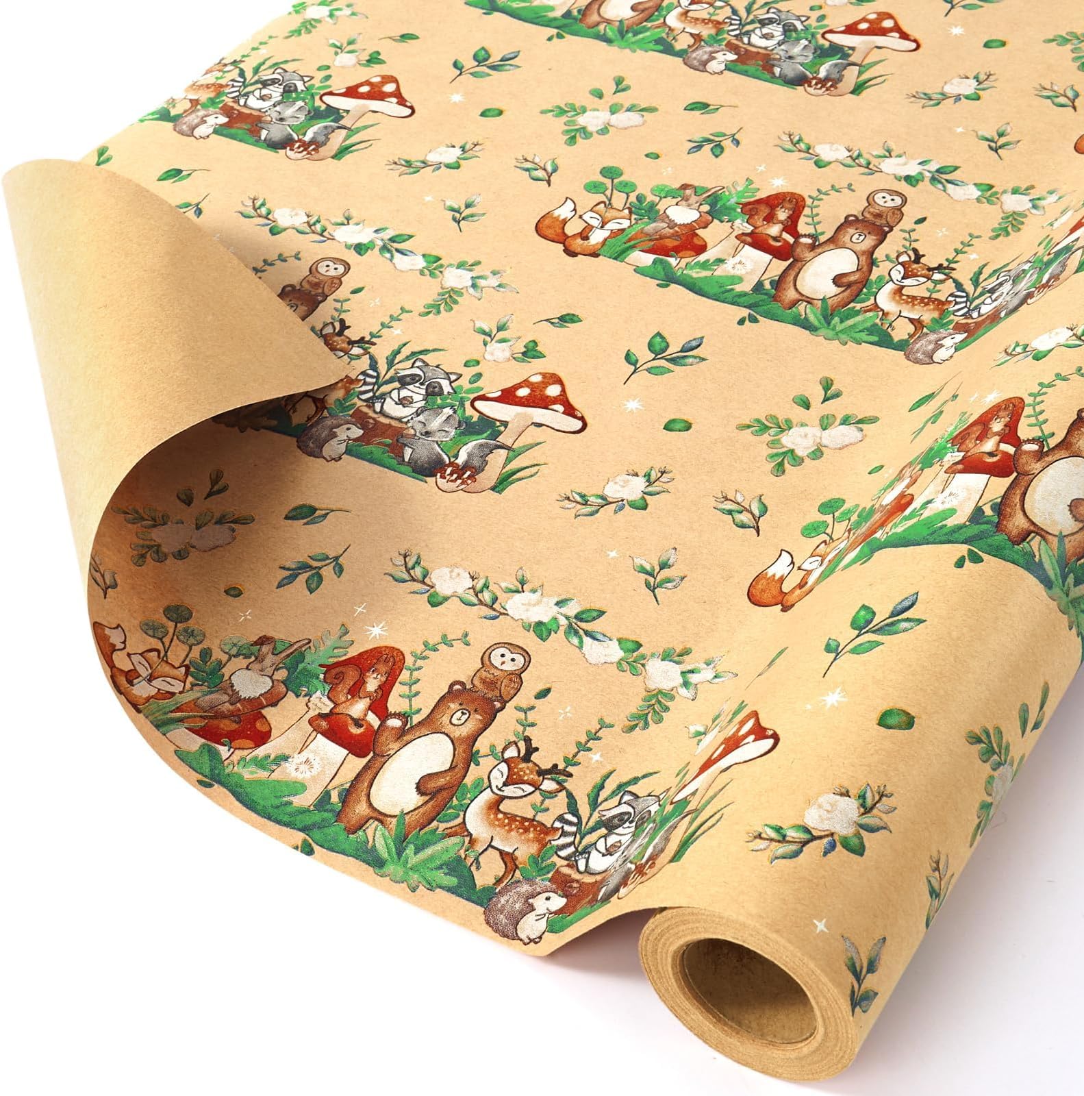 WERNNSAI Baby Shower Kraft Wrapping Paper - 1 Roll 17” x 33 ft Baby Shower Wrapping Paper Brown Gift Packing Paper for Kids Birthday Party Forest Jungle Woodland Animal Design