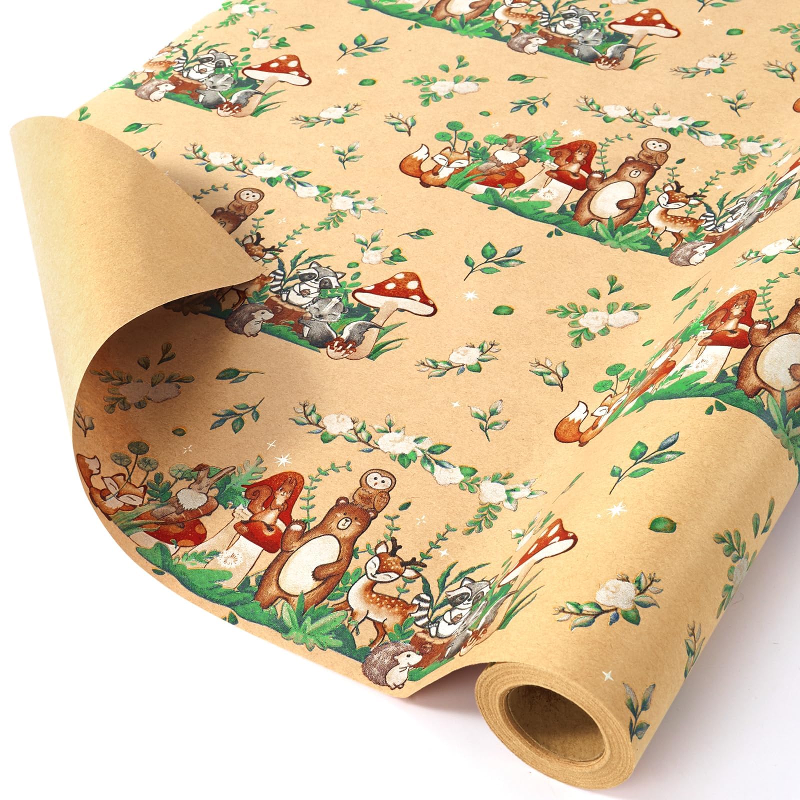 WERNNSAI Baby Shower Kraft Wrapping Paper - 1 Roll 17” x 33 ft Baby Shower Wrapping Paper Brown Gift Packing Paper for Kids Birthday Party Forest Jungle Woodland Animal Design
