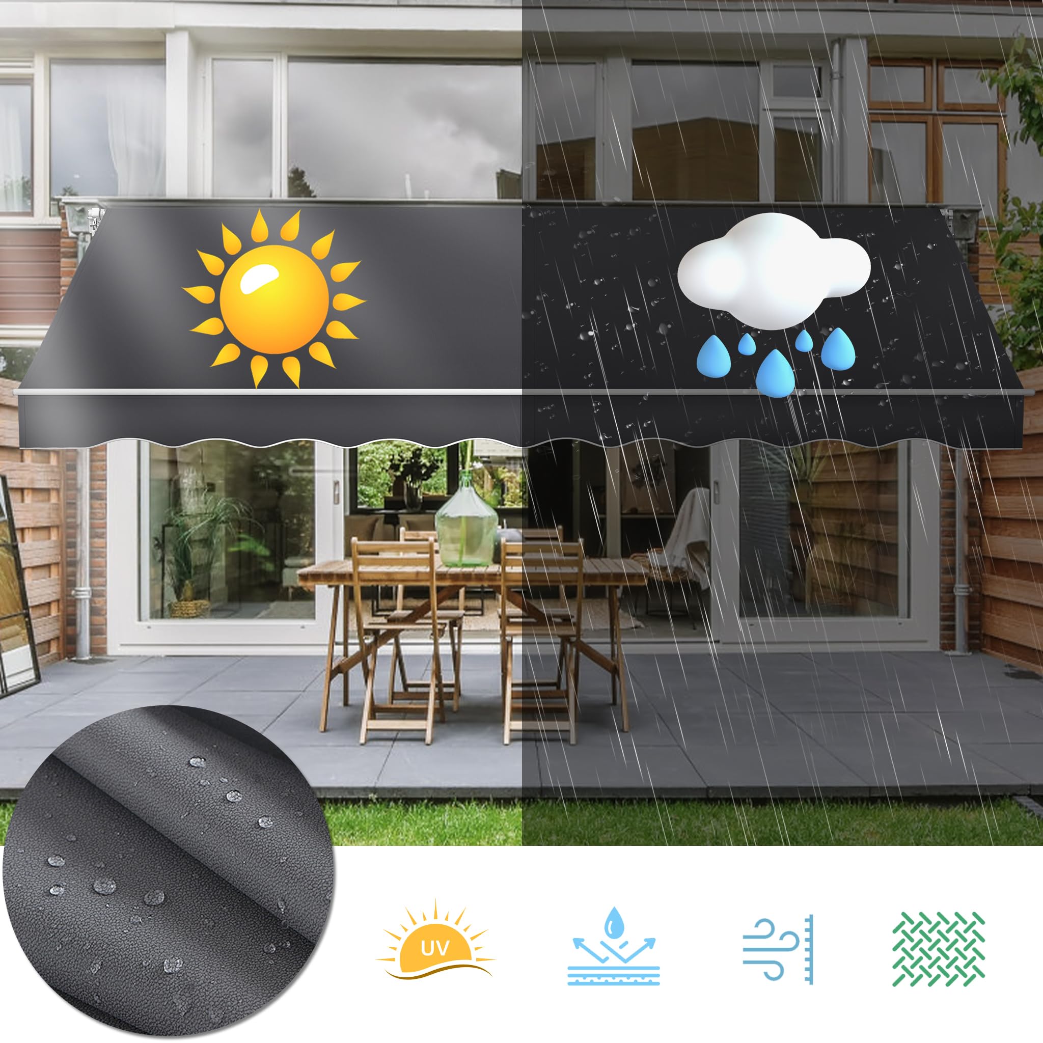 Aufun Tenda da Sole per Esterno Avvolgibile, Tenda da Esterno a Bracci Estensibili con Manovella Manuale, anti-UV impermeabile per Balcone e Terrazzo (360x300 cm, grigio scuro)