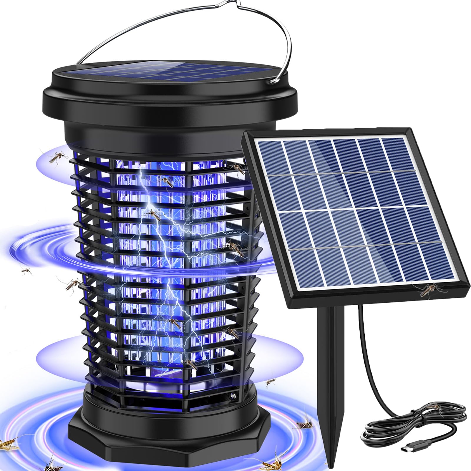 PALONE Insektenvernichter Elektrisch Solar 4500V, Wiederaufladbar USB C Elektrischer Mückenlampe mit 5.5W/5V Solar Stützstangen & Kabel und 1M Typ C Ladekabel für Innen Außen