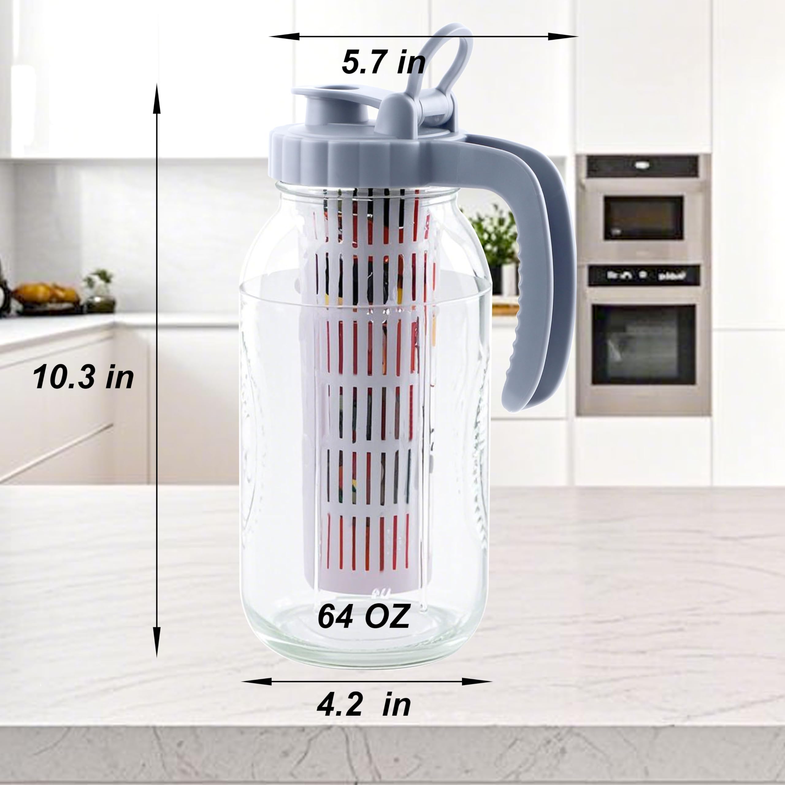 Einmachglas-Krug mit Fruchteinsatz, 2 Quart Wasserkrug mit Ausgießdeckel, 2 Stück, Glas-Karaffe mit breiter Öffnung, für Milch, Obst, Eistee, Limonade, Cocktail, kaltgebrühten Kaffee