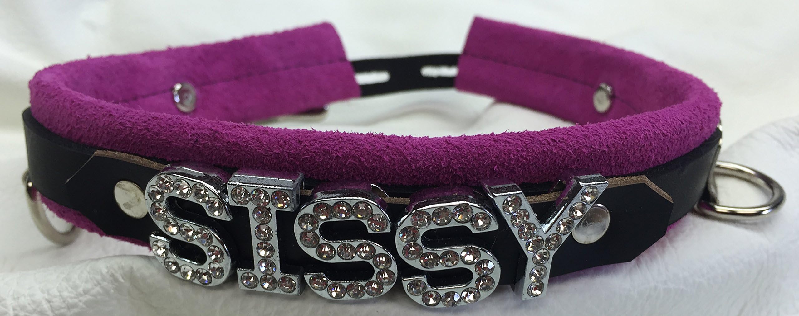 Pink Lockable Leather Sissy Choker Collar with Leash Crystal Letters