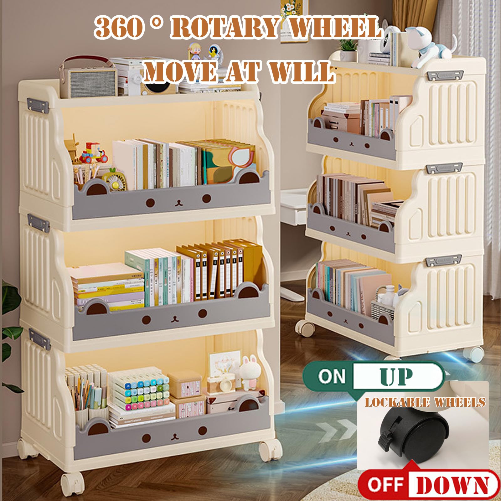 Carrito de almacenamiento con ruedas de plástico, 1 estantería ajustable de 4 niveles con mecanismo de bloqueo para sala de estar, oficina, baño, cocina, ahorro de espacio blanco