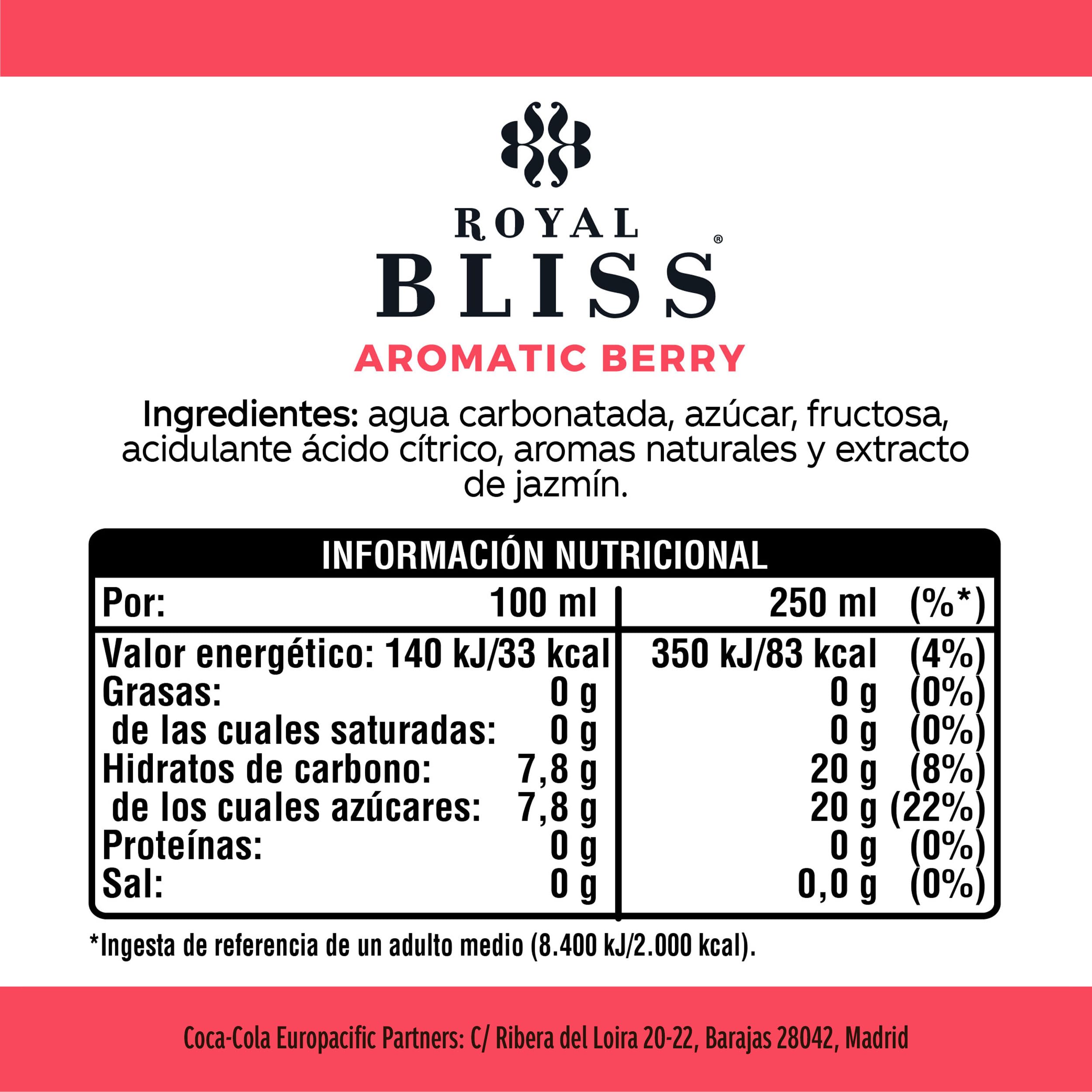 Royal Bliss Aromatic Berry ,Tónica Aromatizada y Refrescante - Pack de 12 Latas de 250 ml