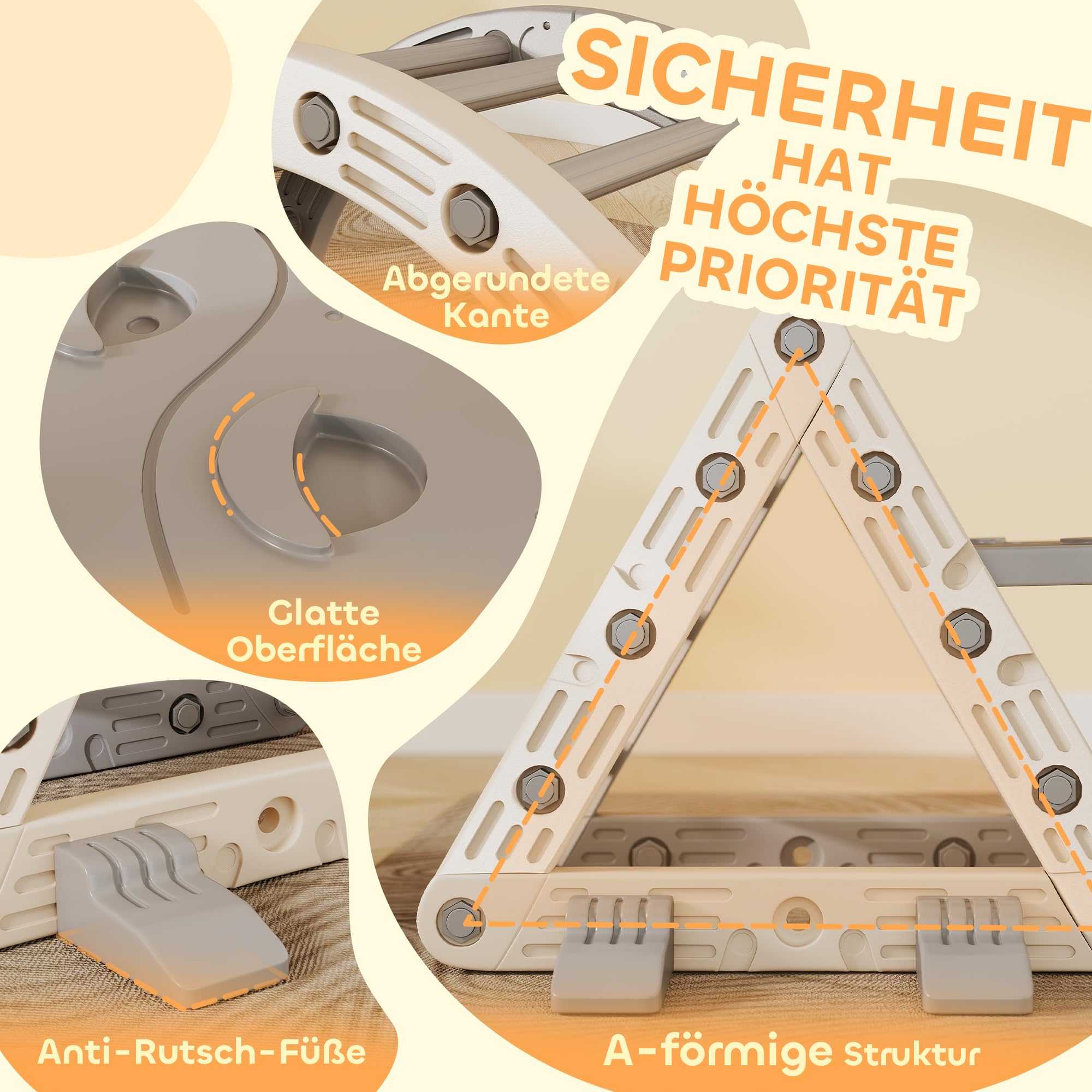 AIYAPLAY 5 in 1 Klettergerüst Montessori Indoor 18-48 Monate Grau+Weiß | Kletterdreieck mit Rutsche, Kletterbogen, Doppelseitige Rampe, Spielplatz Indoor, für Kinder