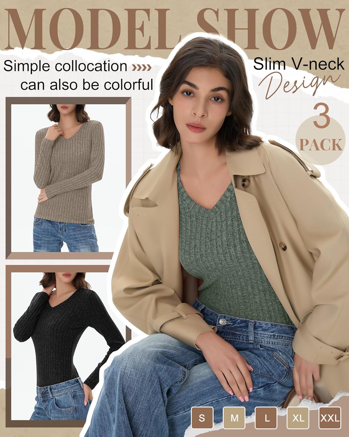 3 Pack Womens V Neck Sweaters Long Sleeve Ribbed Fitted Shirts Pullover Lightweight Sweater Thermal Fall Layer Top - Image 5