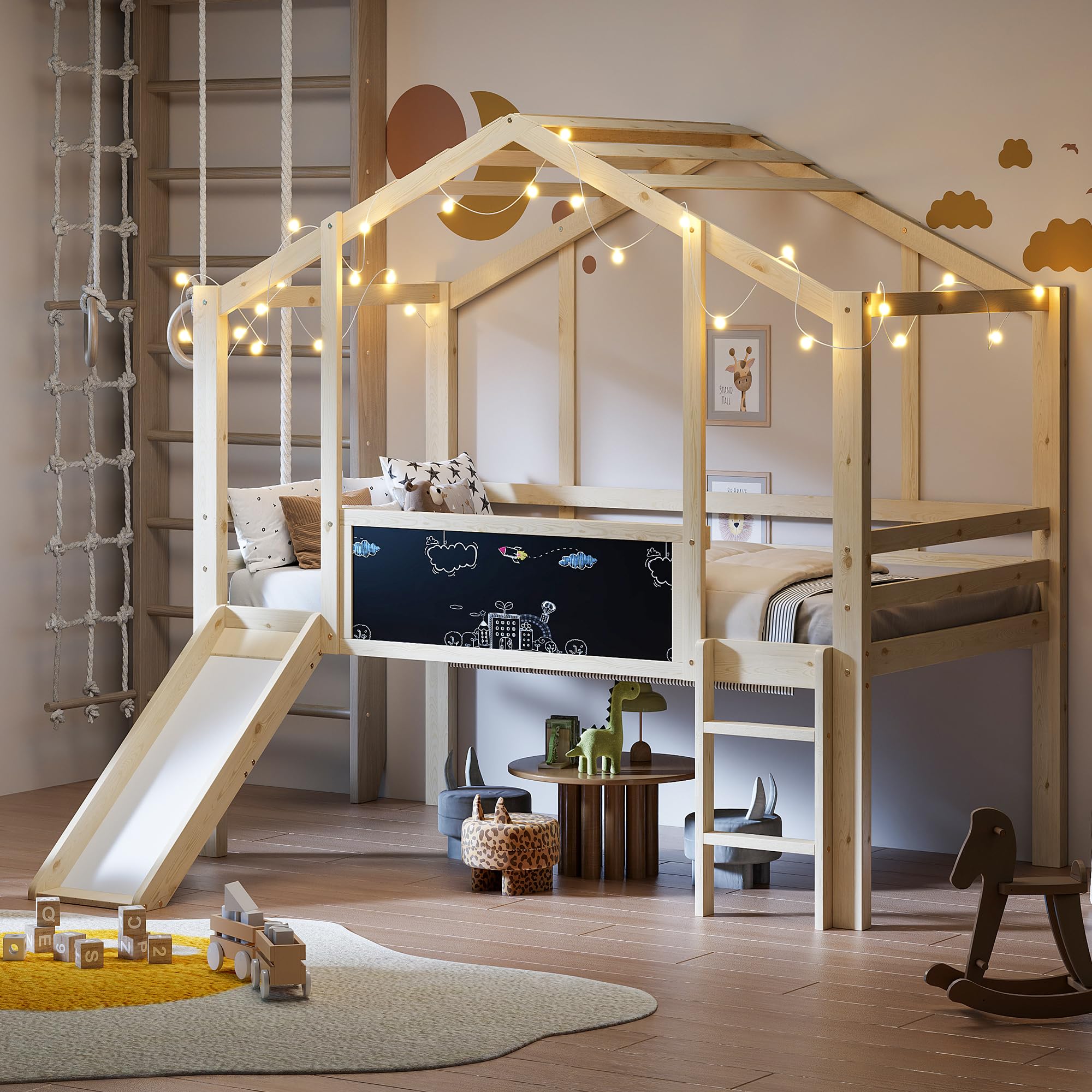 Cama infantil de 90 x 200 cm con escalera y tobogán, con pizarra, diseño de casita, cama alta de madera maciza (sin colchón) (natural)