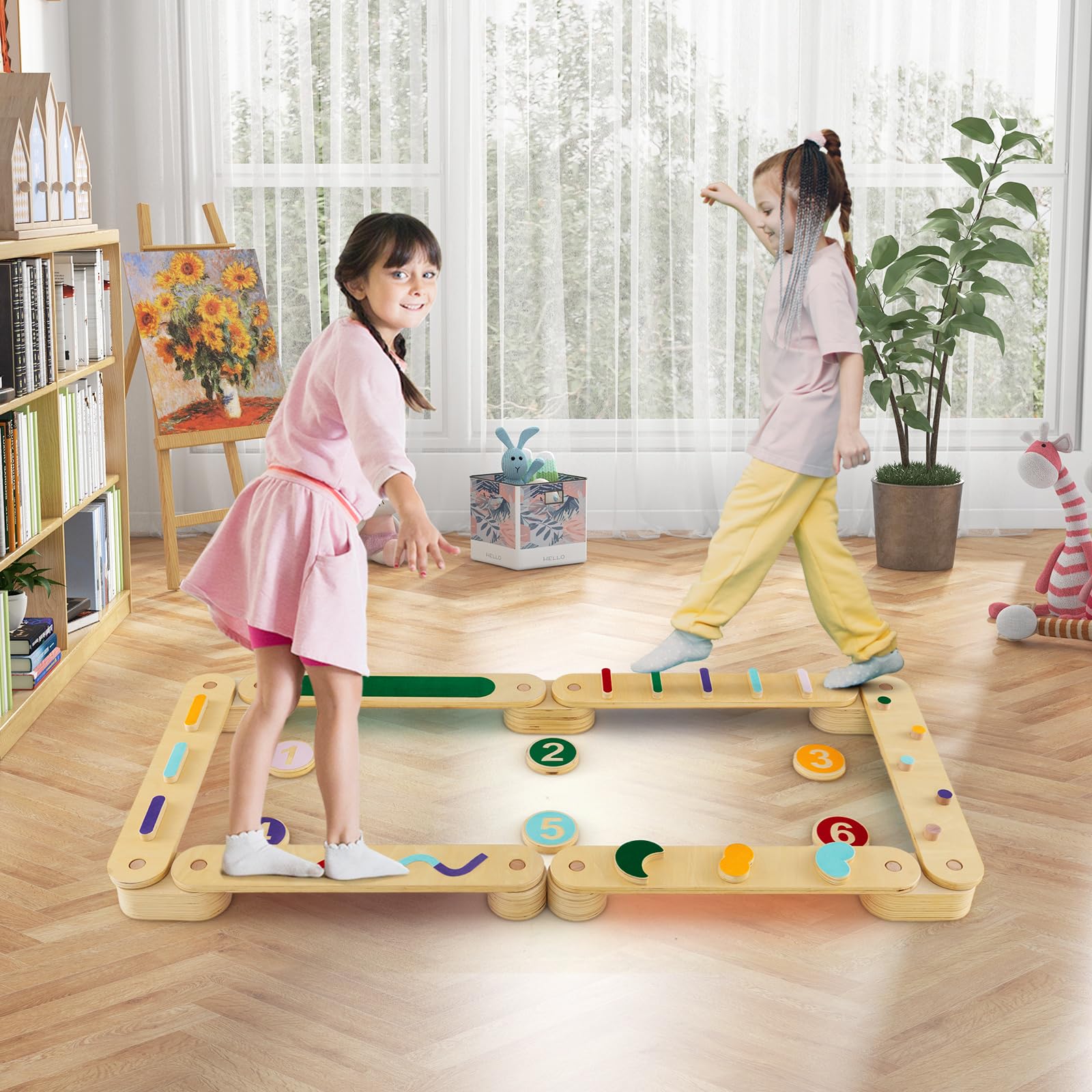 GOPLUS Poutre d'Equilibre Enfants, Poutre d'Equilibre Montessori Bois avec Tremplins, Double Face, Combinaison Libre, Parcours d'Obstacles pour Enfants 1 Ans,Charge 60KG Multicolore