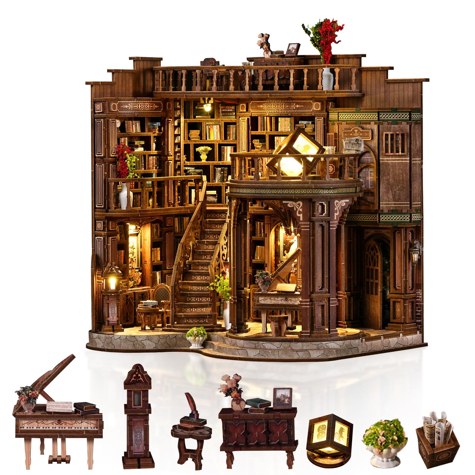 Hallisun DIY Miniature House Kit, Tiny Dollhouse Model Kits for Adults, 3D Wooden Craft with LED Lights, Handmade Building Set, Home Desk Bookshelf Decor Birthday (Dreamy Book Hall)