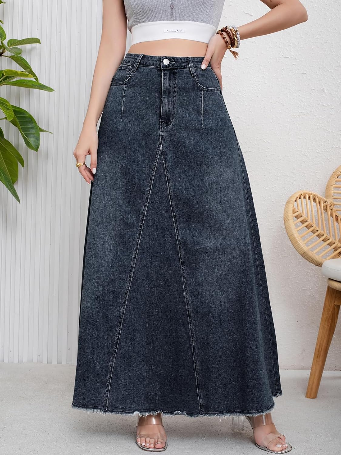 ebossy Women's Retro Distressed High Waist Frayed Hem A Line Wash Maxi Long Denim Skirt with Pockets - Image 2