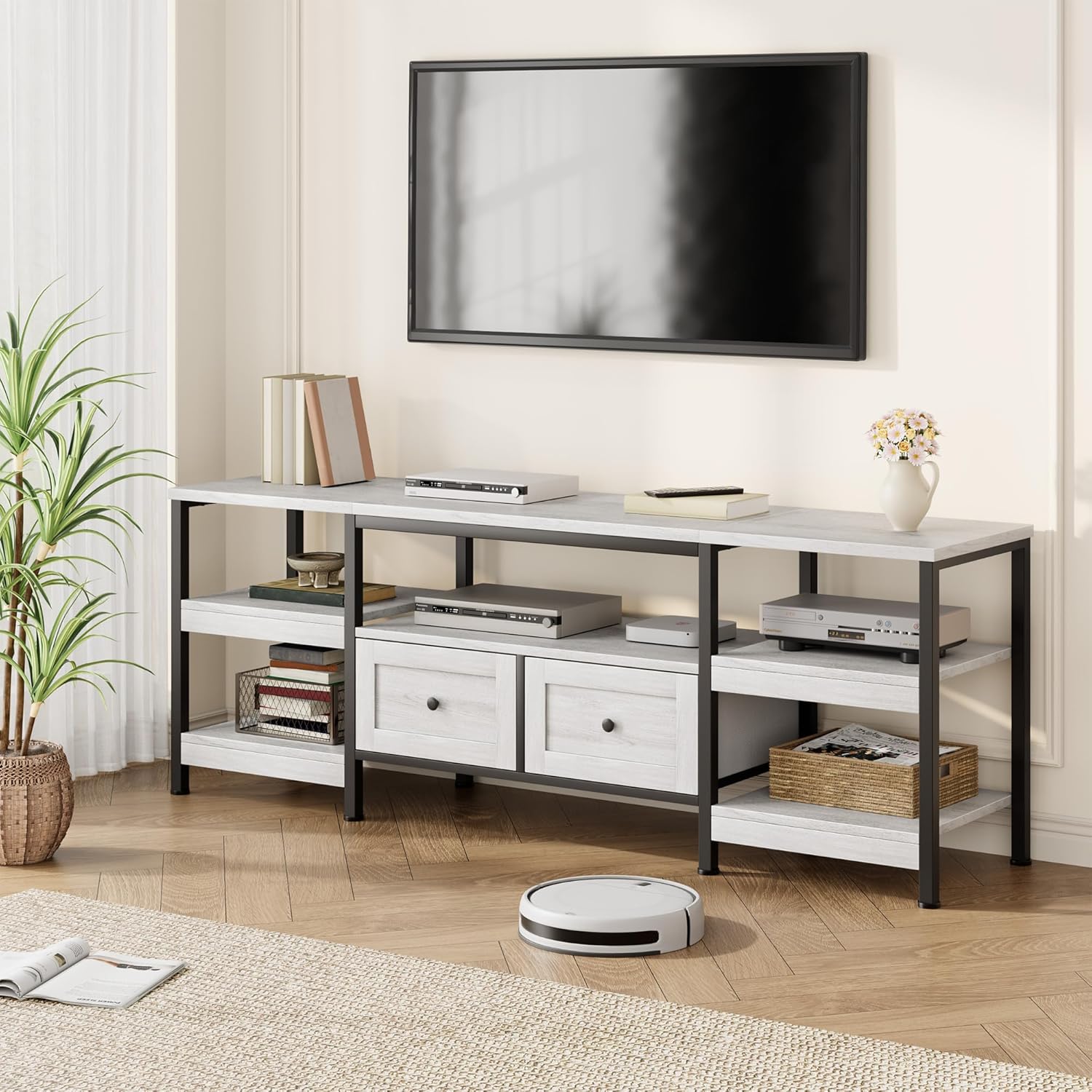 Garvee 71 in Industrial TV Stand with 2 Drawers, Entertainment Center for TVs Up to 75 in, Rustic Media Console with Storage Shelves, Open Design & Metal Frame, White