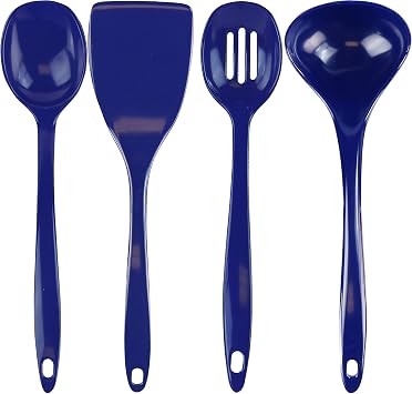 Reston Lloyd 100% Melamine Kitchen Utensil Set, Non Scratching Ladle, Spoon, Slotted Spoon & Spatula, Easy To Hold, Set of 4, Indigo