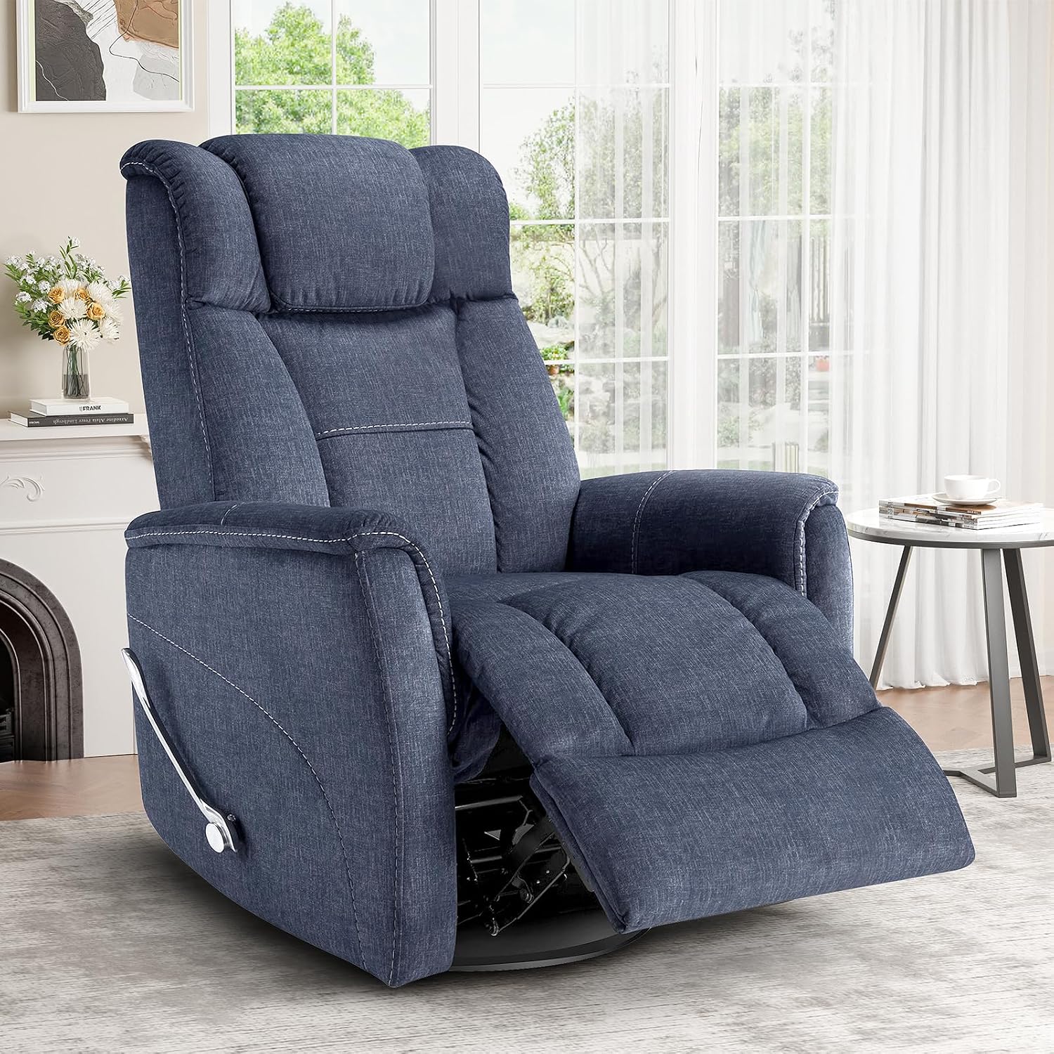 BedsPick Recliner Chair for Adults, Rocker Recliner Chair Ergonomic Comfortable Reclining Chair 360° Swivel, Heavy-Duty Recliners for Living Room, Nursery (Denim Blue)