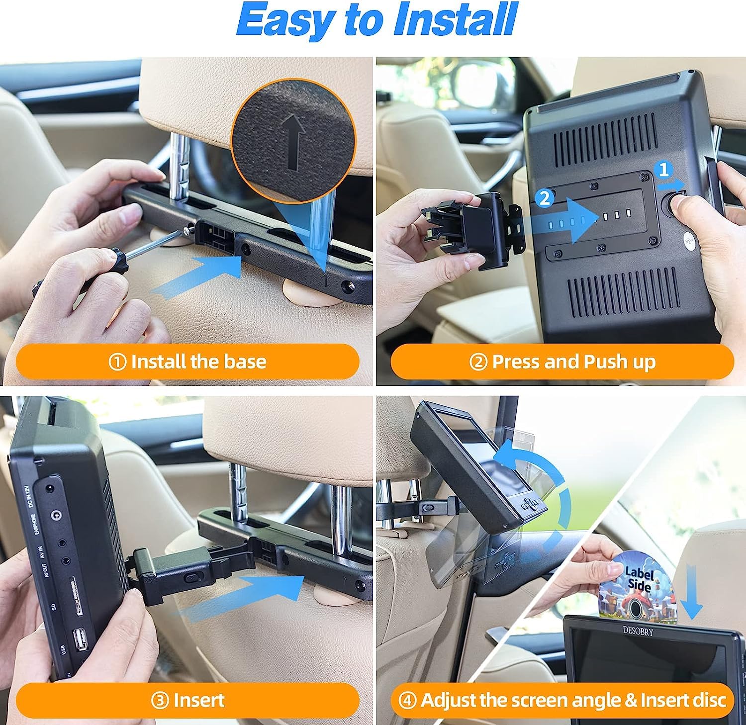 DESOBRY Lettore DVD per auto da 10,5 pollici con supporto per poggiatesta, lettore DVD portatile per auto con cuffie, ingresso disco a ventosa, supporto video 1080P