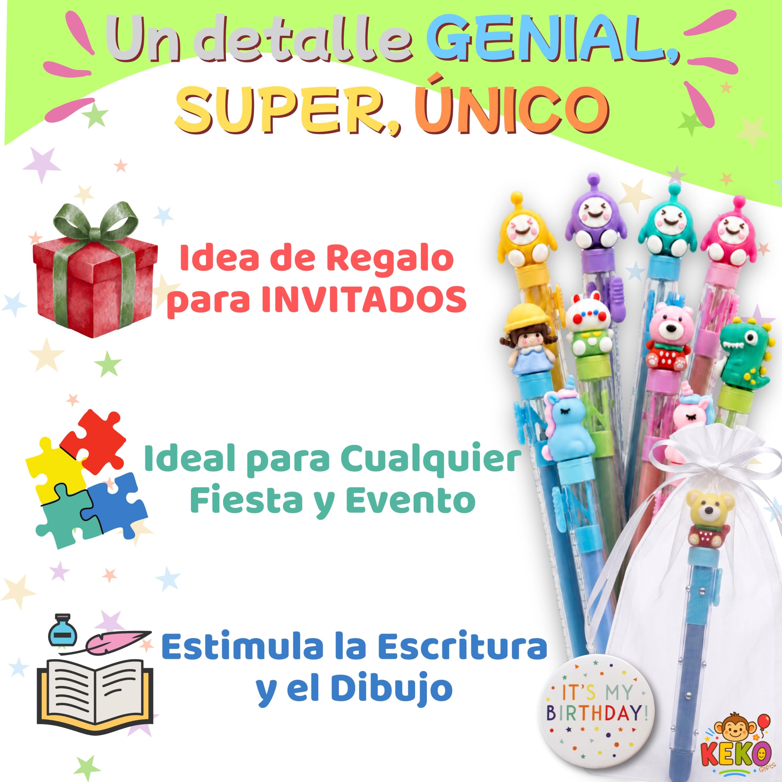 KeKo Pack 30 Gomas de Borrar Divertidas, 30 Bolsas,1 Chapa Cumpleañera, Pack Regalos Cumpleaños Niños Colegio, Detalles Cumpleaños Niños Infantil, Regalos Alumnos Primaria, Relleno Piñata Infantil