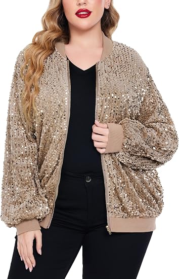 IN'VOLAND Chamarra Bomber de Manga Larga con Lentejuelas para Mujer,  Casual, con Cierre Frontal, para Mujer : Amazon.com.mx: Ropa, Zapatos y  Accesorios