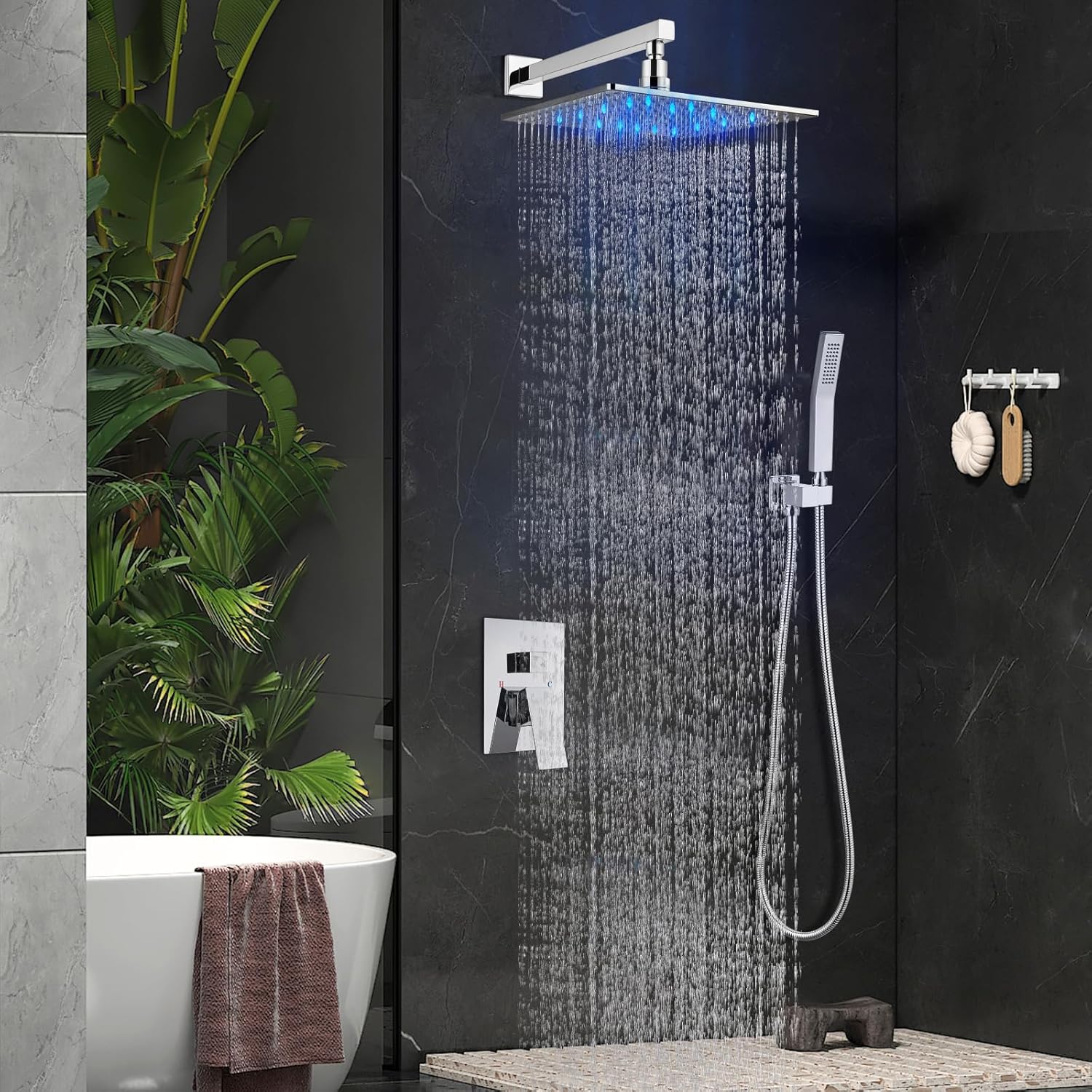 Aolemi Shower Faucet Set with Handheld Spray High Pressure Shower System Shower Faucets Sets Complete Rough-in Valve and Shower Trim Kit Wall Mount Rainfall 16 Inch LED Shower Head Polish Chrome