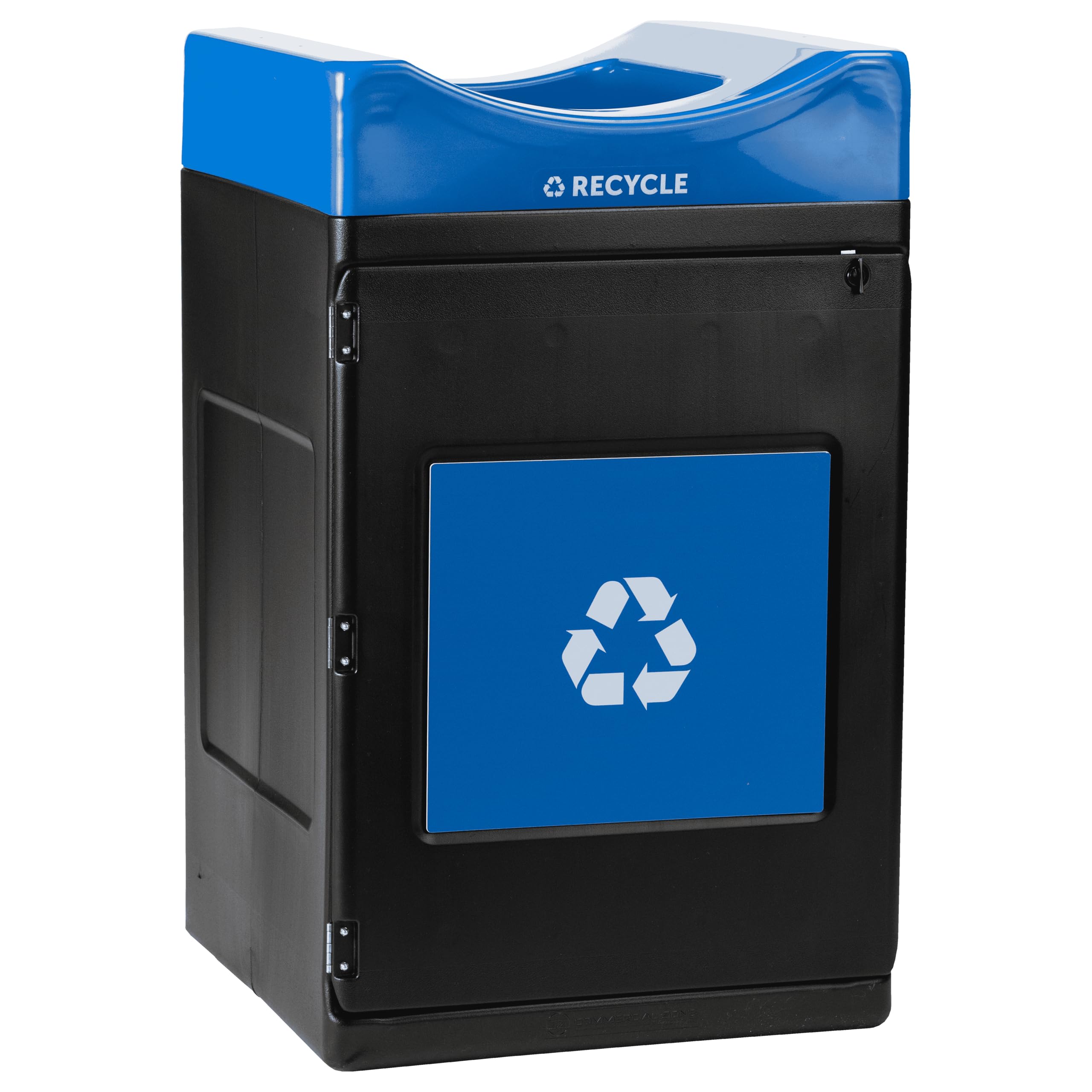 Avante™ Series Made in The USA, Black Recycling Container, 55-Gallon Square, Blue Recycling Panel, Blue Lid, Open Top
