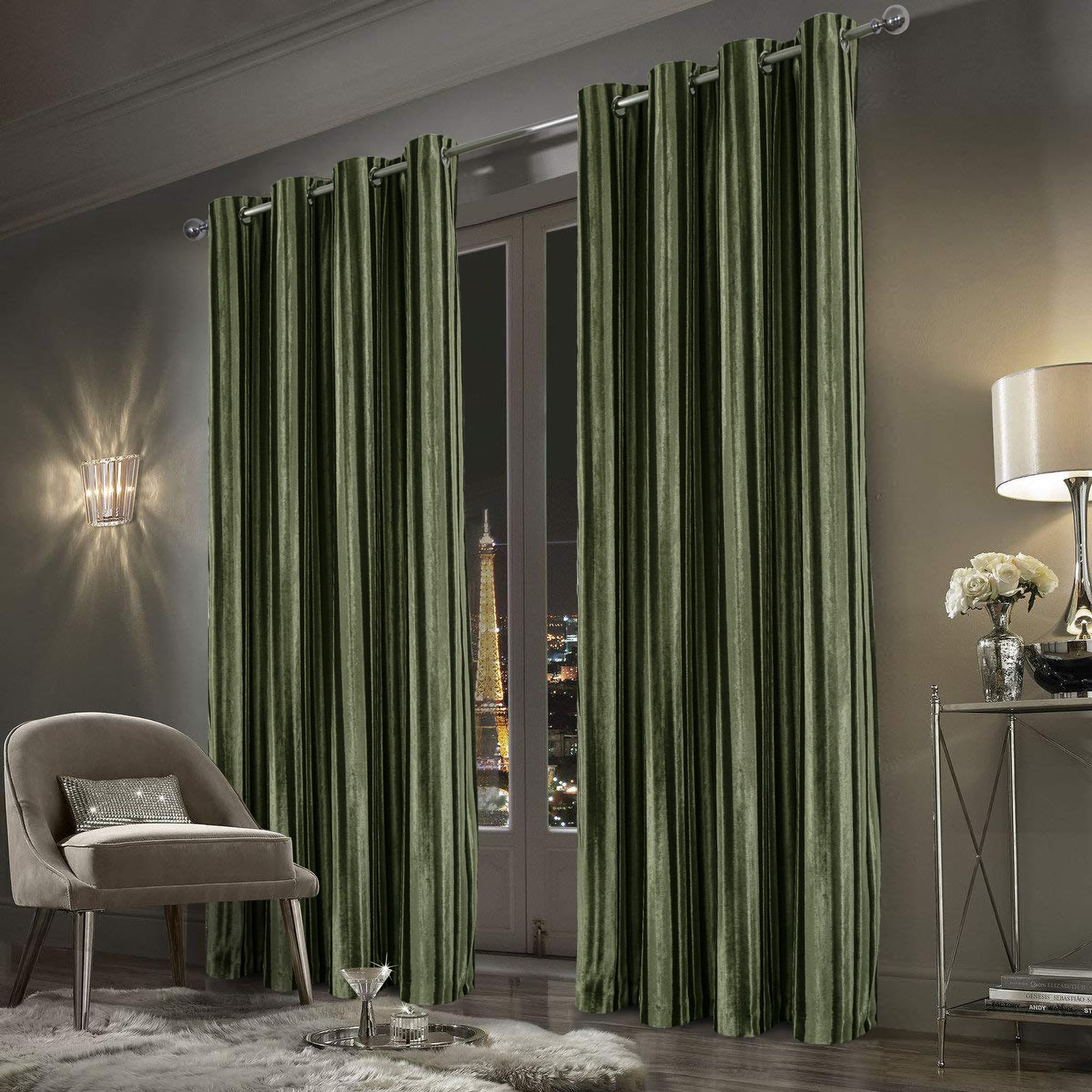always4u Rideau 100% Occultant en Velours à Longues Rayures, Double Rideaux Isolation Thermique avec Oeillets, pour Salon Chambre Cuisine, Élégant,Vert Olive 140x245cm Lot de 2