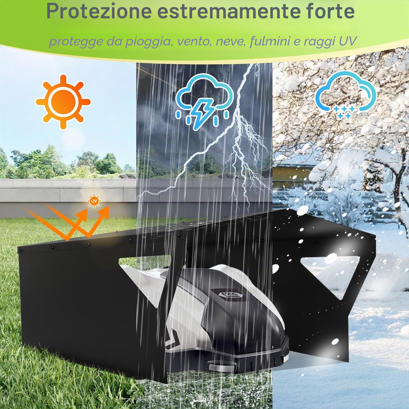 Garage zincato per robot tosaerba, 78 x 60 x 34 cm, per robot da erba, resistente alle intemperie, protezione UV, con materiale di montaggio, nero