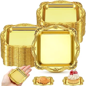 LemonRoad 50 Pcs Mini Square Baroque Dessert Display Trays Mini Elegant Plastic Serving Trays Small Cake Candy Plates for Weddings Parties Hotels Large Celebrations, 3"x3"Gold