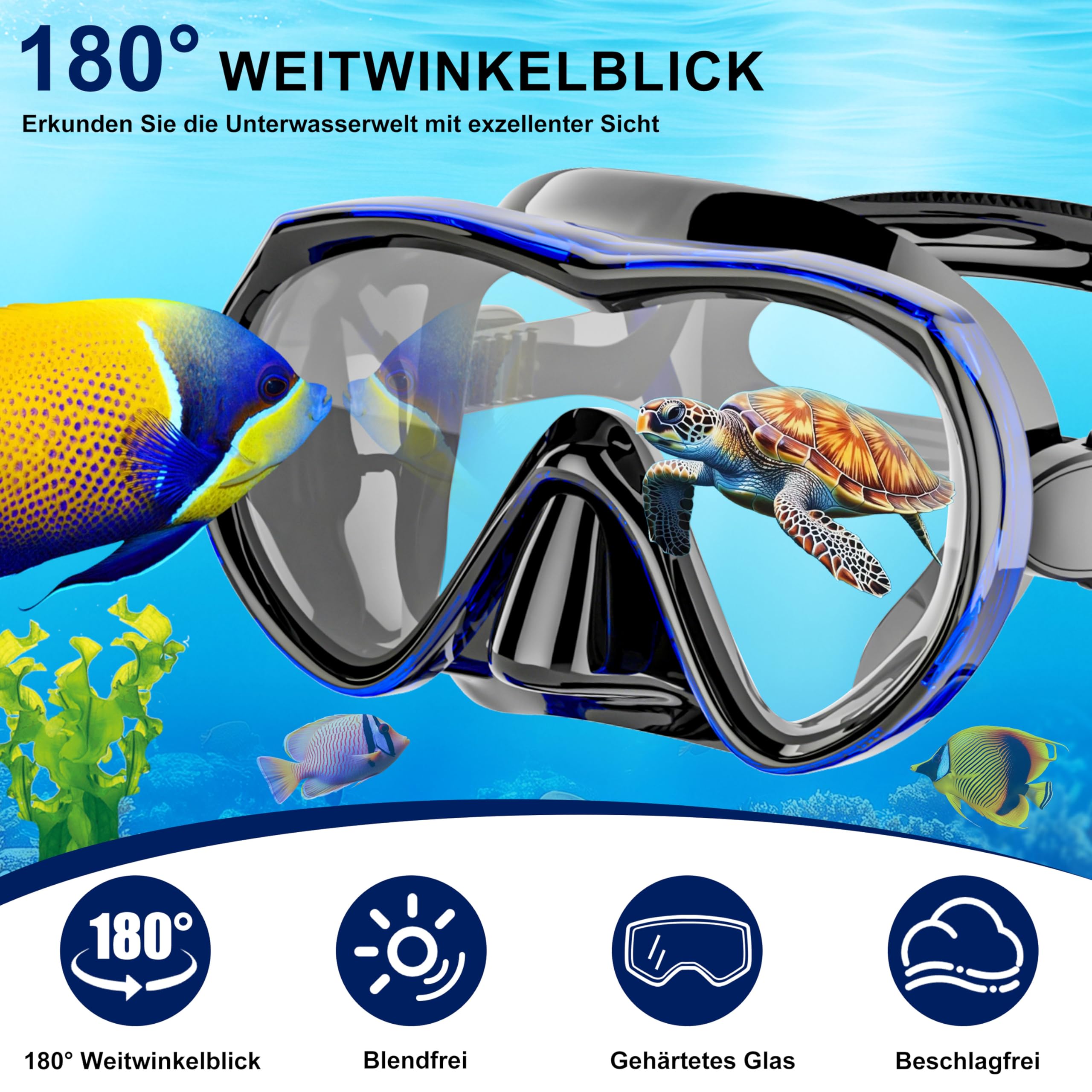 IEEILULU Schnorchelset Erwachsene, Schnorchel Set mit Anti Fog Anti Leck Taucherbrille und 3 Kanal Dry Schnorchel, Taucherbrille Erwachsene aus Gehärtetem Glas für Tauchen Schwimmen
