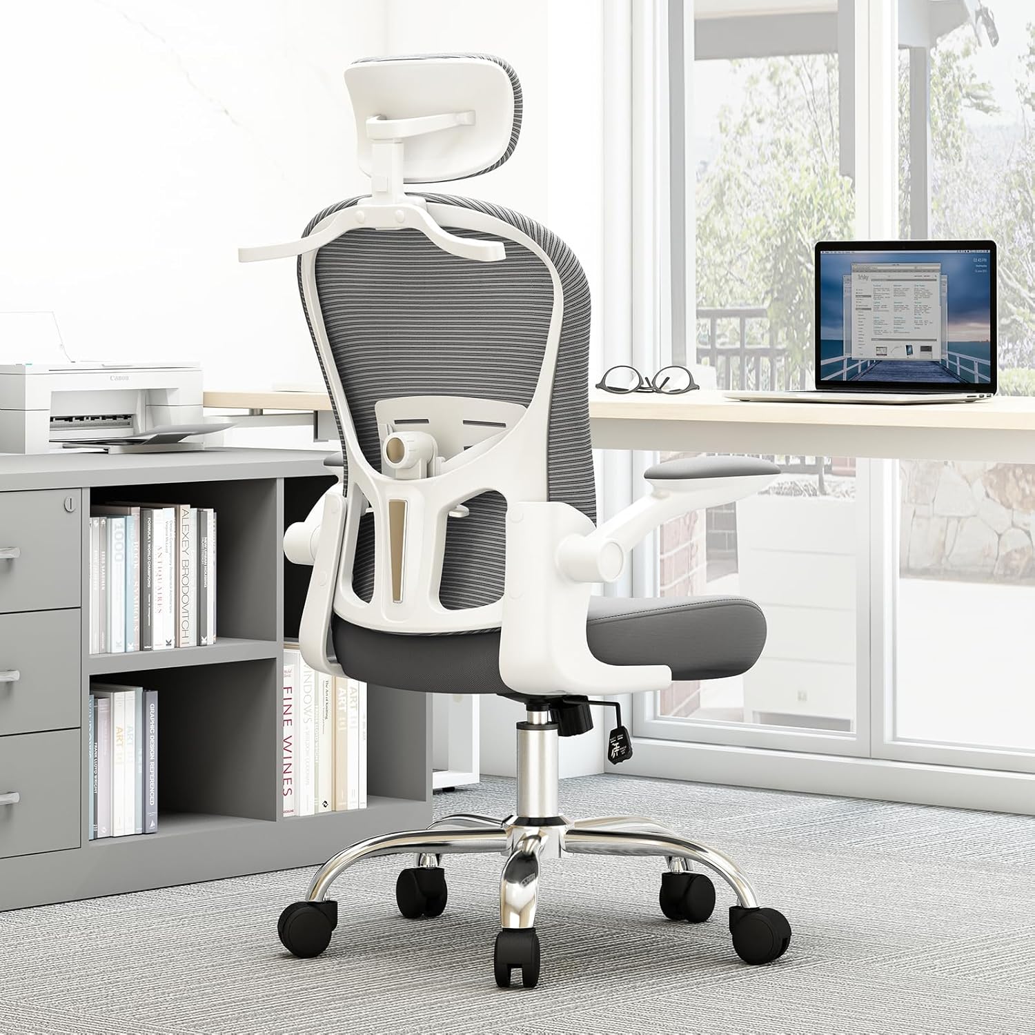 TLLMOON-6066 All-Around Fine-Tuned Comfort Chair. Liftable seat, 4D Lumbar Support, 2D armrests with headrest, Headrest, Hanging bar. Office, Home, Study(W-Grey)