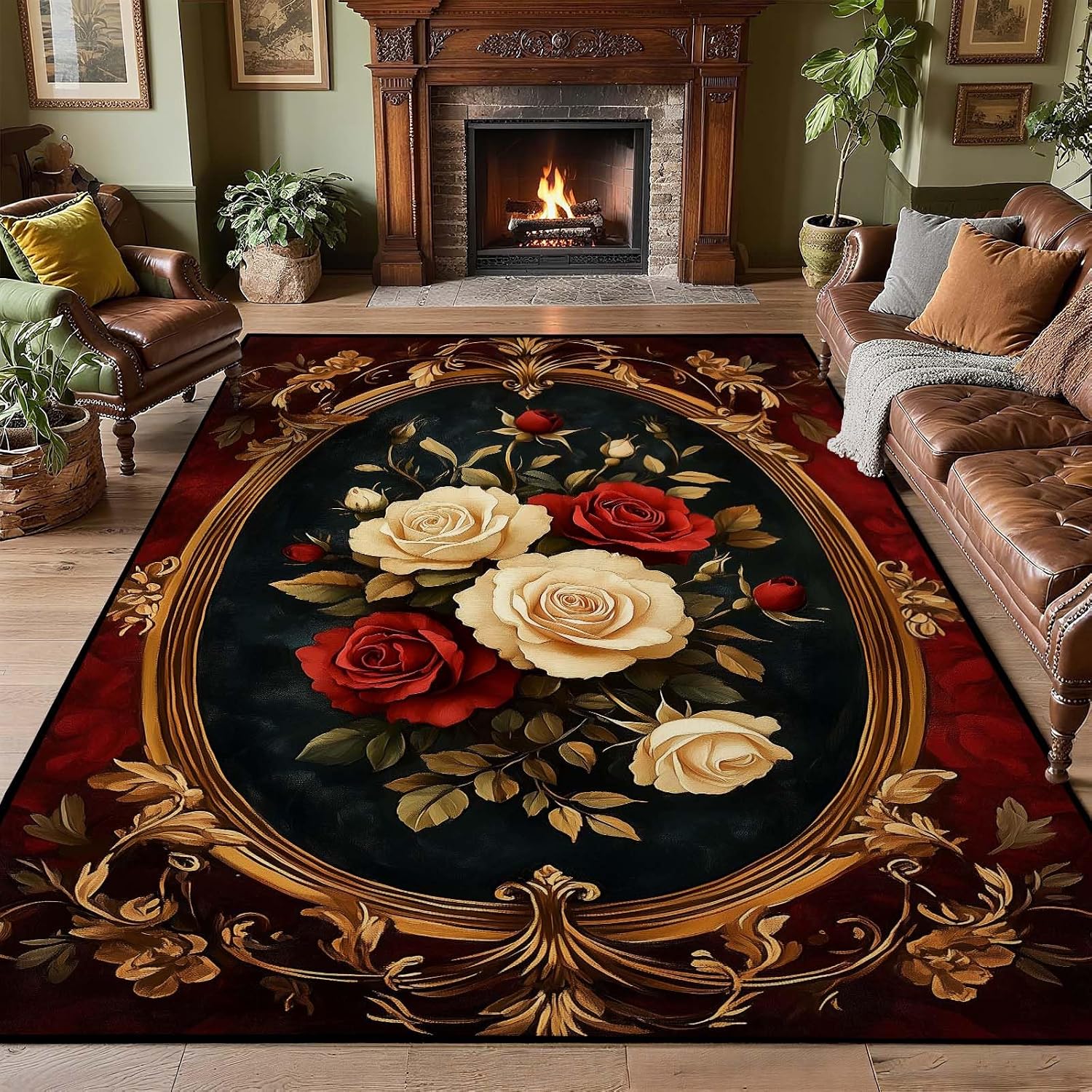 Amazon.com: Rose Area Rug, Vintage Floral Rose Rug, Luxury Red & White ...