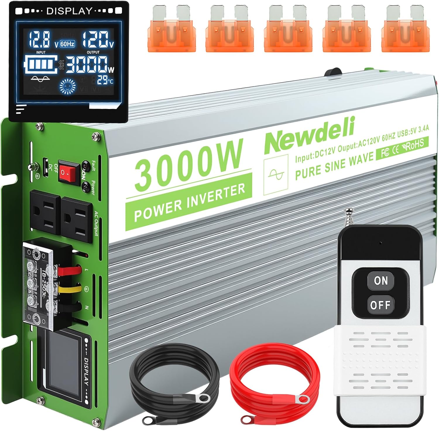Newdeli 3000 Watt Pure Sine Wave Power Inverter 12V DC to 110V 120V AC Car Power Inverter for Vehicles Car Truck RV Solar Home- Car Inverter with 2 AC Socket, 3.4A USB, Remote Controller, LCD Display