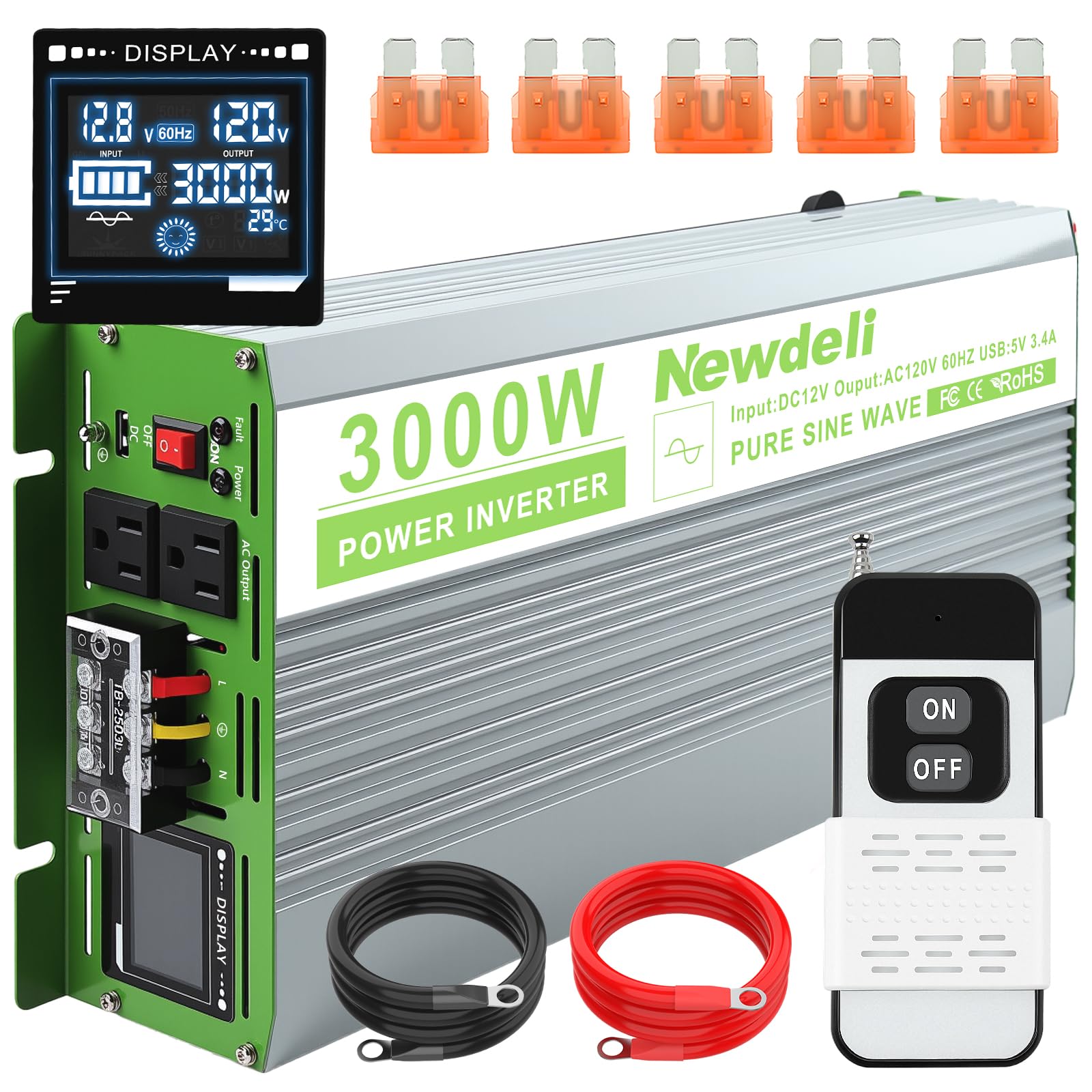 Newdeli 3000 Watt Pure Sine Wave Power Inverter 12V DC to 110V 120V AC Car Power Inverter for Vehicles Car Truck RV Solar Home- Car Inverter with 2 AC Socket, 3.4A USB, Remote Controller, LCD Display