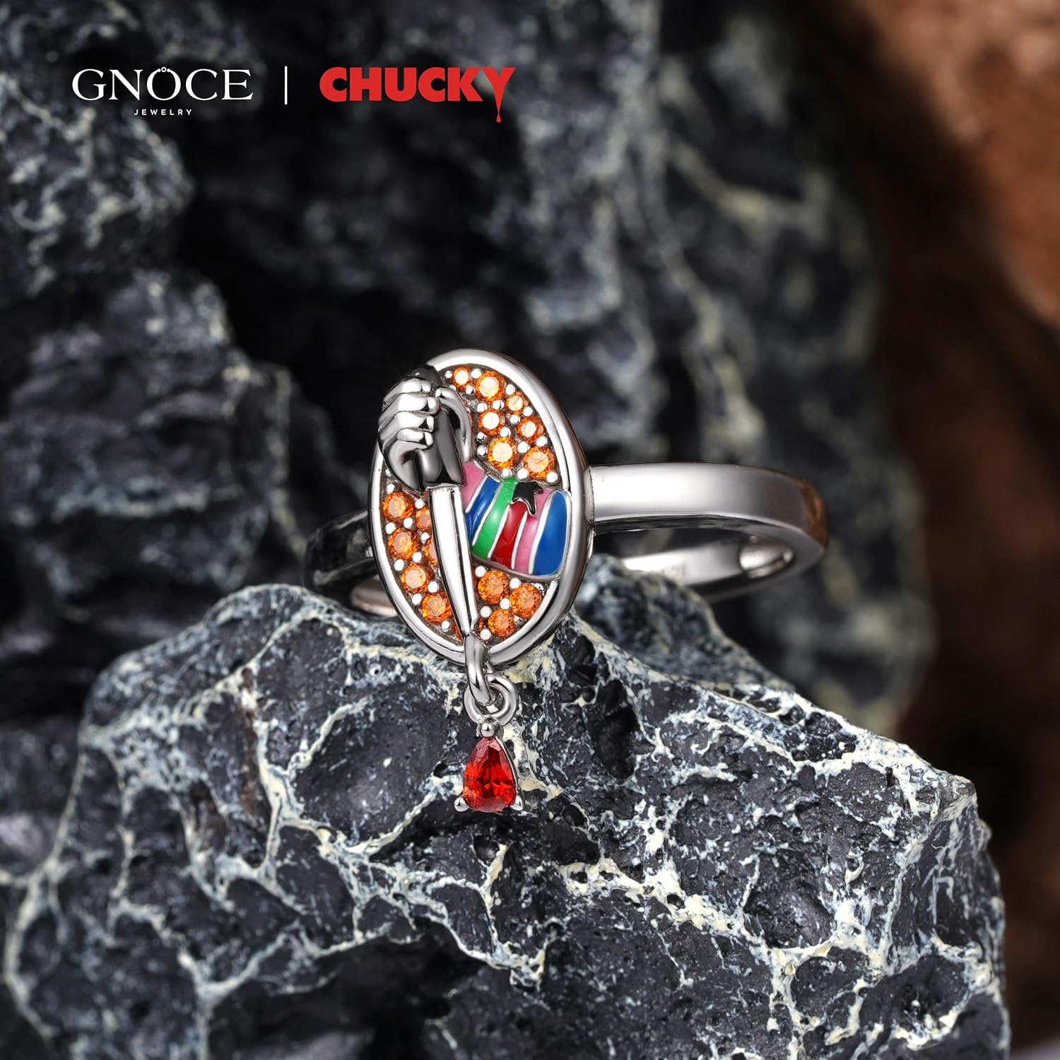 GNOCE Chucky Bloody Knife Signet Ring for Women, S925 Sterling Silver Ring for Her Wife, Valentine‘s Day, Halloween, Jewelry, Size 5-9