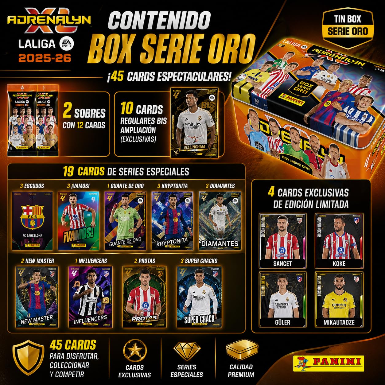 Panini Pack Coleccionista Adrenalyn XL LaLiga 2025-26, Box Serie Oro, Pocket Box Platinum 2026, Dream Box Total Kings y Deck Box