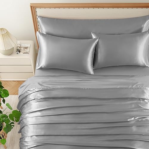 Miniatura 3 de HommxJF Juego de sábanas de satén de 5 piezas tamaño matrimonial, sábanas sedosas y transpirables de lujo con 1 sábana encimera de satén, 1 sábana