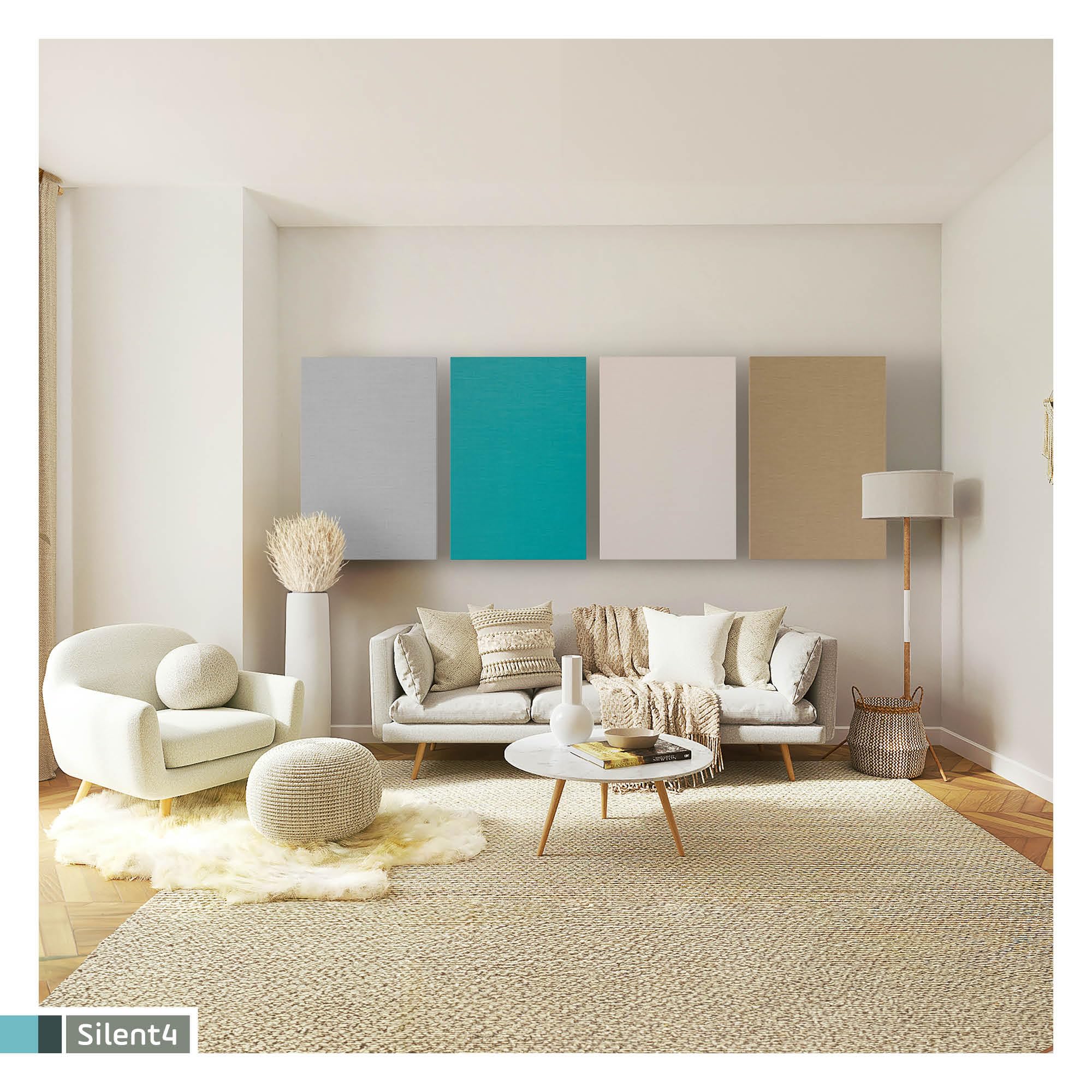 SILENT4® Panelli Fonoassorbenti Pareti, Set da 4 pezzi, da 114x72x5cm, per ambienti fino a 20 m², Pannello Fonoassorbente con rivestimento in tessuto, montaggio a adesivo e a vite