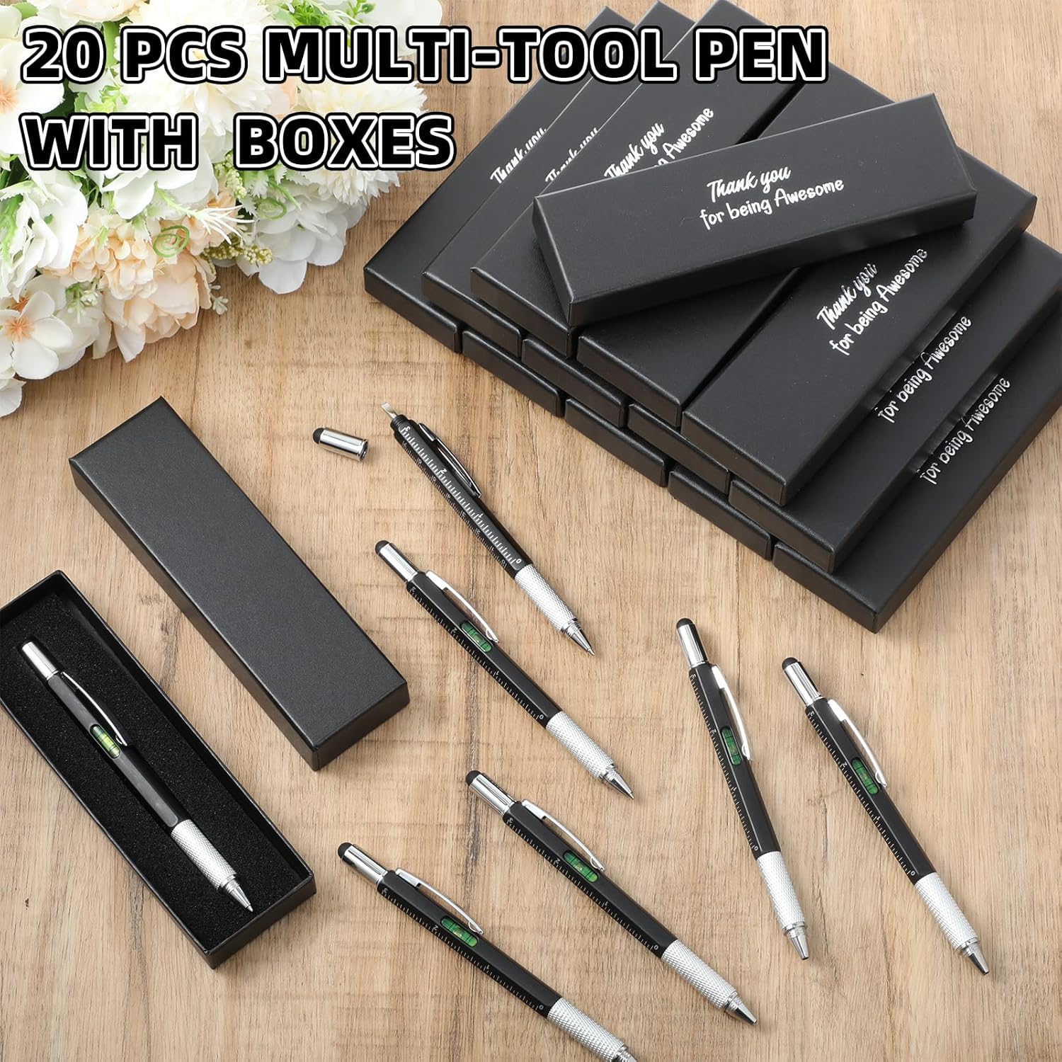AmazingSpark 20 Sets Employee Multi-tool Gifts:Multi Tool Pen with Motivational Quote Boxes Bulk Appreciation Gifts for Adult Men Dad Husband Father's Day Birthday (Black,Black Box)