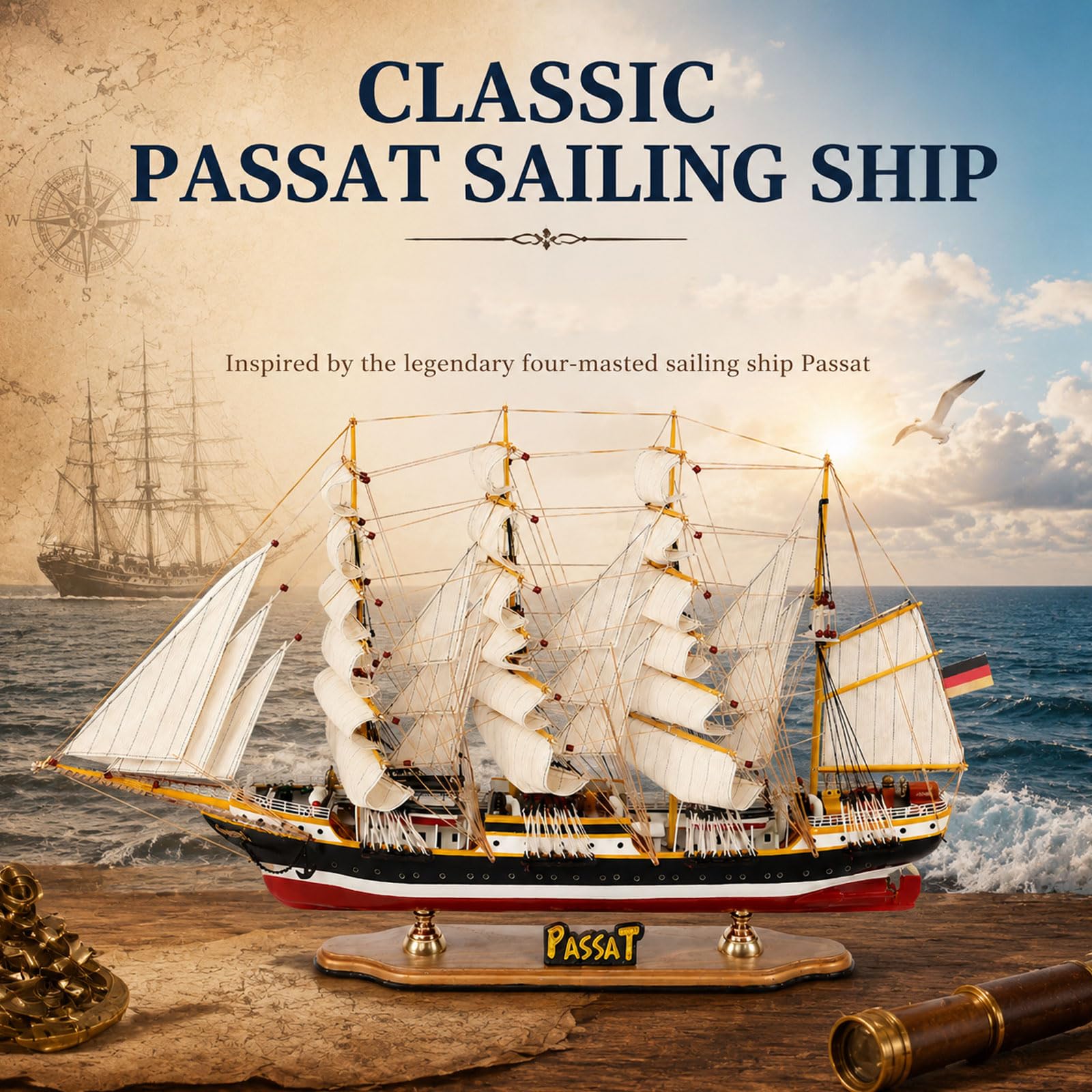 YLME Modell eines Segelschiffs aus Holz Viermastiges Großsegelschiff | Maritime Vintage-Dekoration Großes Schiffsmodell für Zuhause oder Büro Sammler Geschenk für Segelbegeisterte
