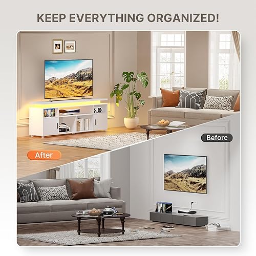 Miniatura 7 de SUNCOZE Soporte de TV, centro de entretenimiento con luces LED y gabinete para 70/75/80 pulgadas, consola de TV moderna, soportes de televisión