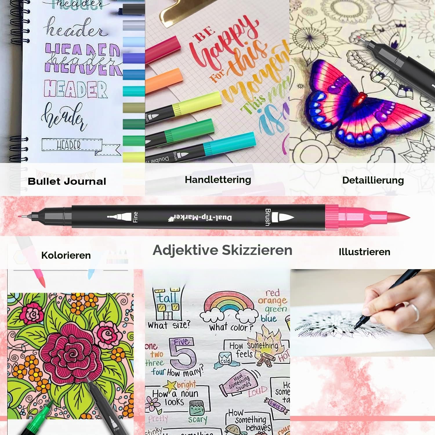 TrendGate Dual Brush Pen Set, 168 Farben Fineliner und Pinselstifte Set | Doppel Filzstifte Dicke und Dünne, mit Malbücher, schnelltrocknend, Ersatz-spitze, für Handlettering, Bullet Journal, Mandala