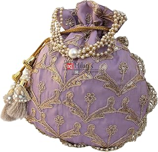MILAN'S CREATION Fancy Potli Bag Golden Embroidery Shimmer Silk Designer Purse Drawstring Purse With Pearl Handle & Tassel... Price In India