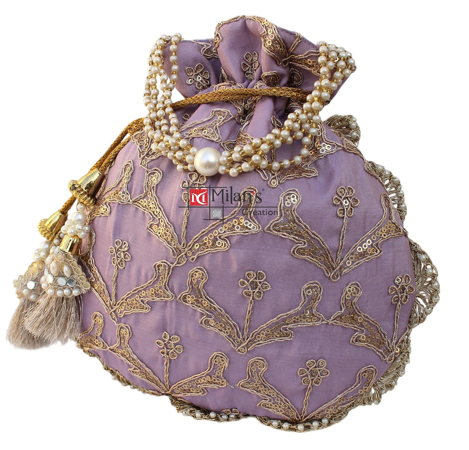 MILAN'S CREATION Fancy Potli Bag Golden Embroidery Shimmer Silk Designer Purse Drawstring Purse With Pearl Handle & Tassel... - Review, Price and Buying Guide