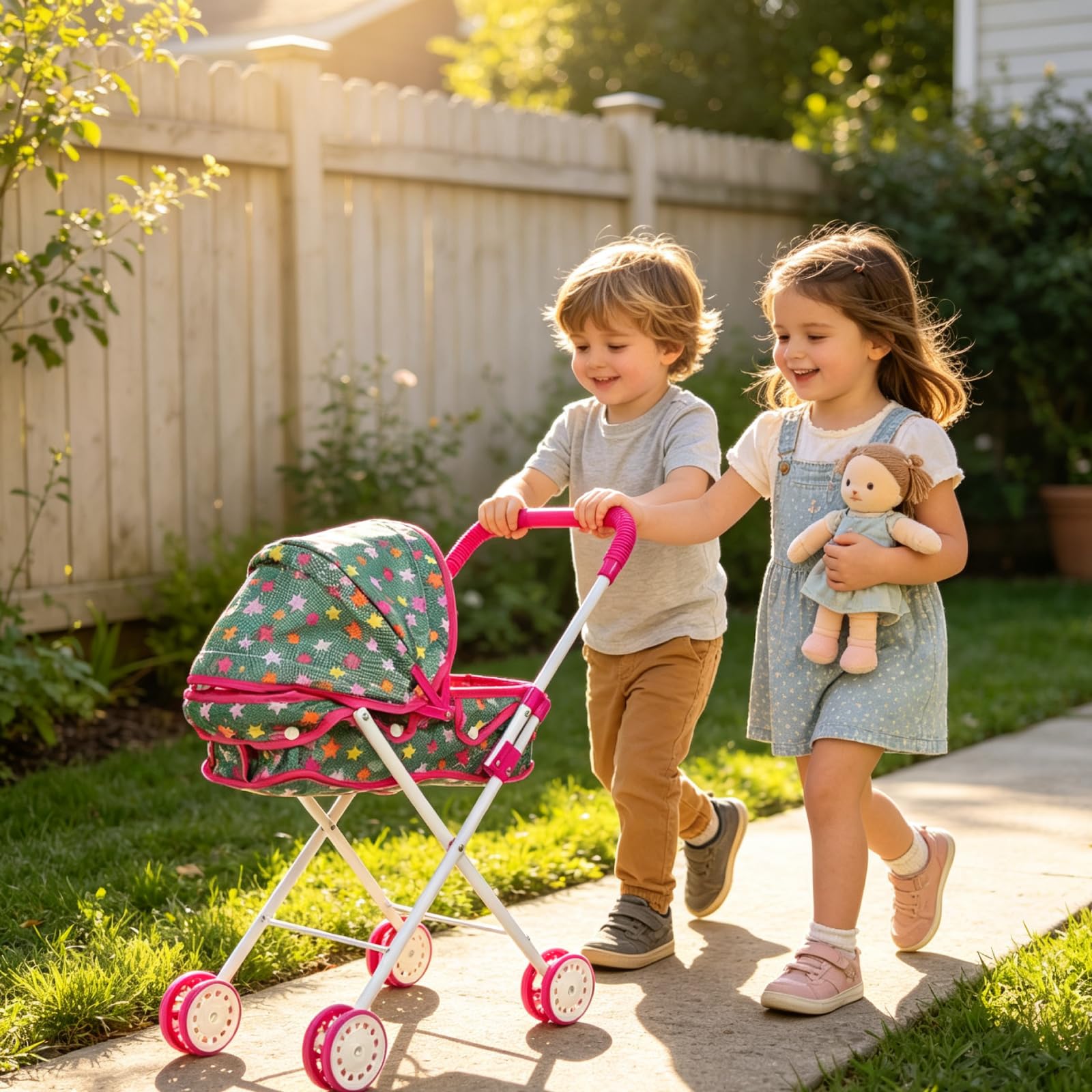 Harilla Passeggino per Bambini, Carrozzina Giocattolo Pieghevole, Accessorio Bambole Canopy Regolabile con Impugnatura Comoda, Adatto a Casa e Attività di Gruppo, Carrello Stella