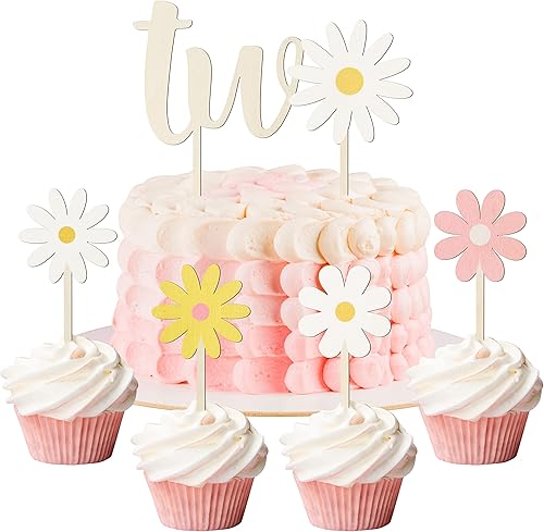 5 decoraciones de madera de margaritas para tartas pintadas coloridas bohemias con flores de margaritas para cupcakes de postre para niños de dos