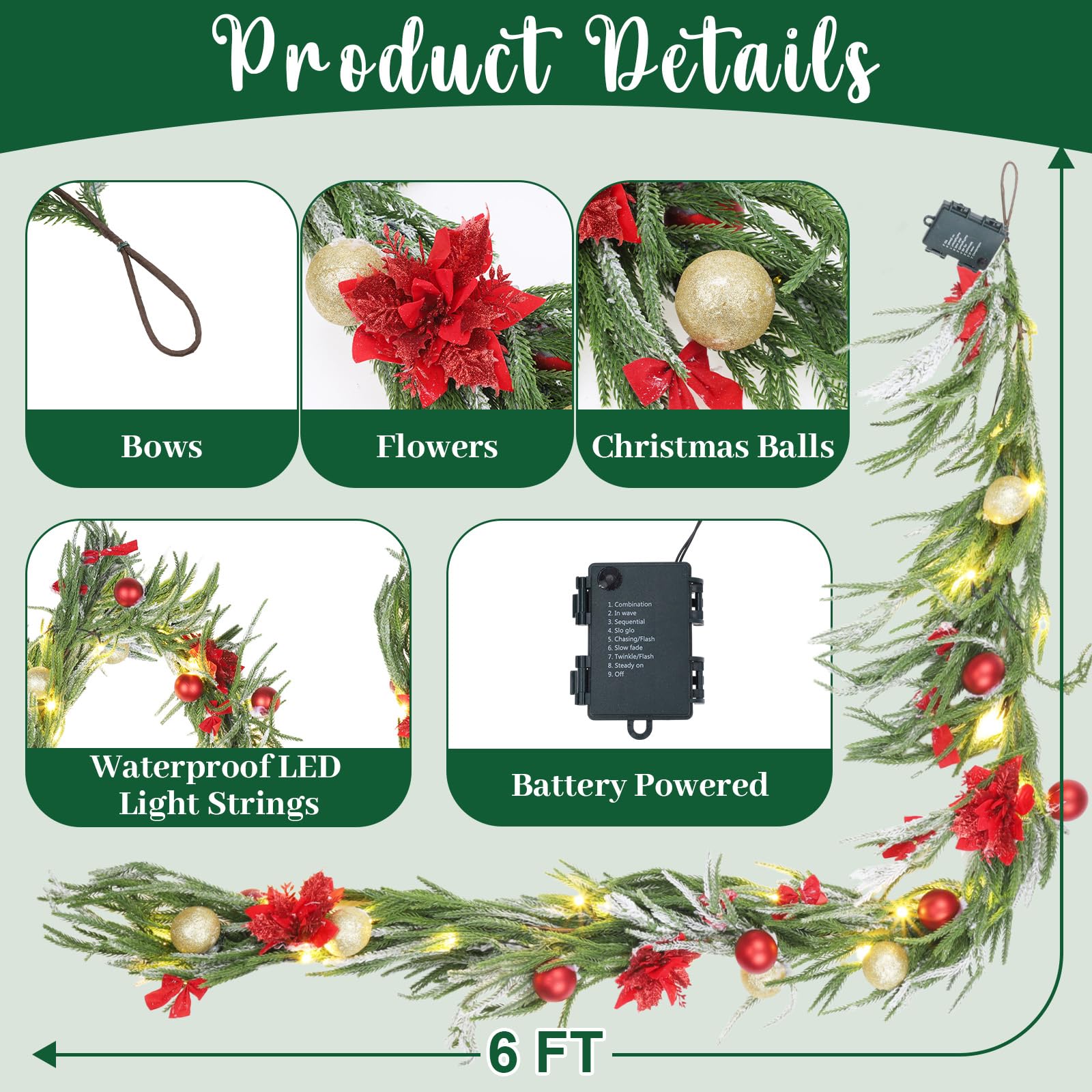 VIHOSE Guirnalda de Navidad de 6 pies con luces, superficie artificial preiluminada de Navidad con lazos rojos, flores, bolas de Navidad para chimeneas, escaleras, barandillas, hogar, Navidad