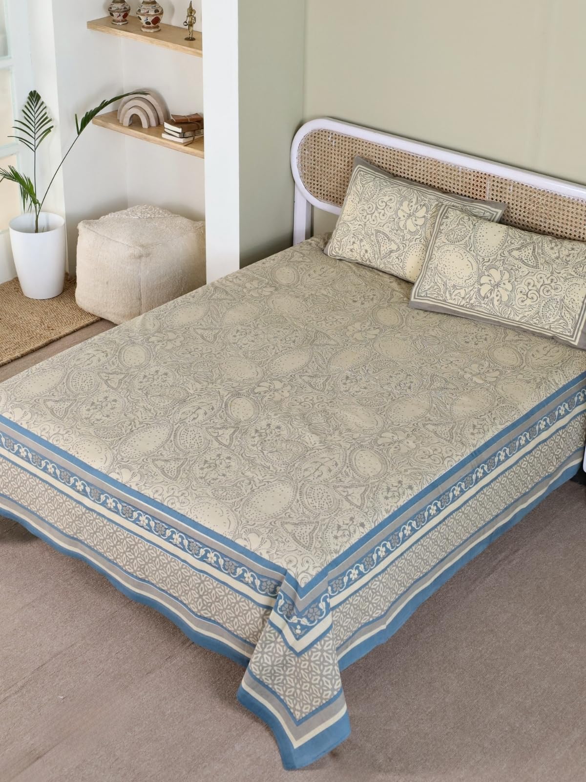 Peepul Tree 100% Pure Cotton Jaipuri Handprinted Double Bedsheet Queen Size - 90 X 108 Inches with 2 Pillow Cover | 210 TC Breathable Fabric | Chintz Collection | Made in India, Beige and Navy-image-36