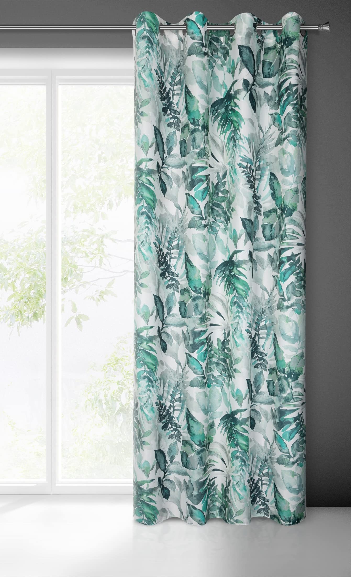 Eurofirany Adeline Botanical Curtain with Leaf Print with Eyelets, 1 Unit, Modern, Elegant, for Bedroom, Living Room, Children's Room, 140 x 250 cm, White and Green