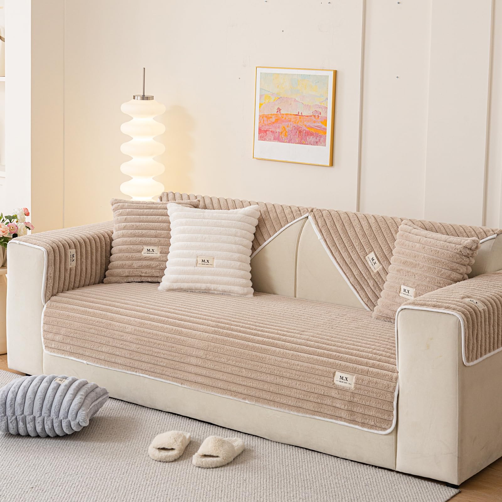 tianxinbaobei Fuzzy Sectional Couch Cover for Sofa Plush Sofa Covers Washable for Single Cushion Armchair Couch,Non-slip Slipcover Sofa Covers for Pets Dogs Furniture Protector(1PC,Khaki,28"x28") - Image 2