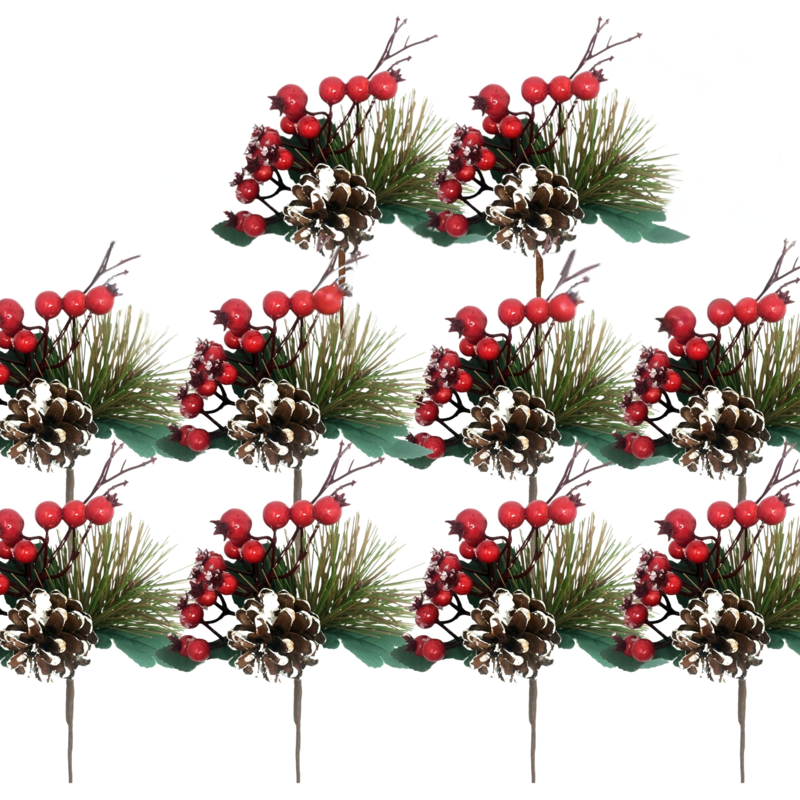 BANBERRY DESIGNS Pine Branches and Red Berry Picks - Set of 10 Stems with White Snow Covered Pine Cones and Berries - Christmas Artificial Floral Sprays Sprigs - Approx.