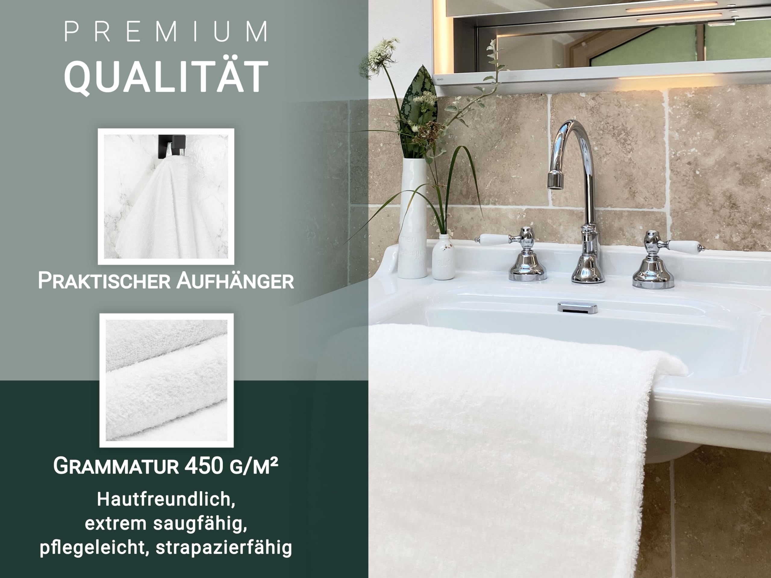 ZOLLNER 10er Set Handtücher in 50x100 cm - weiche und saugstarke Baumwolltücher in weiß - mit praktischem Aufhänger - waschbar bis 95°C - Baumwolle - Hotelqualität